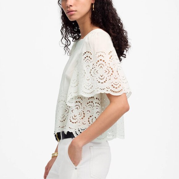 Madewell Flutter Sleeve Squareneck Scalloped Lace Trim Top White Size S NWT - Picture 3 of 8